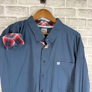 Cinch Mens Mens XXL Blue Long Sleeve Button Down Western Shirt Plaid Trim Cotton
